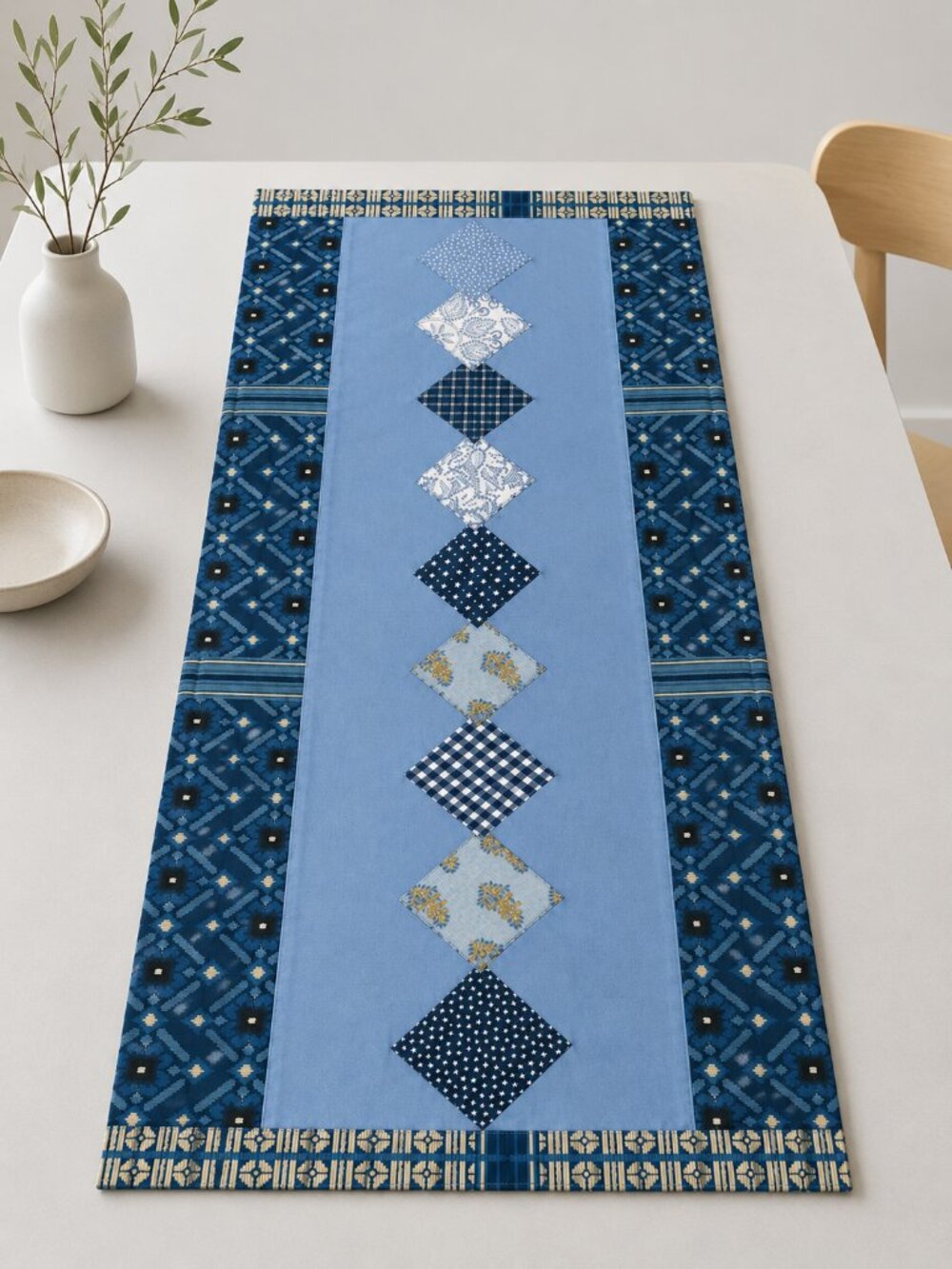 Handmade Blue Patchwork Table Runner Coastal Style